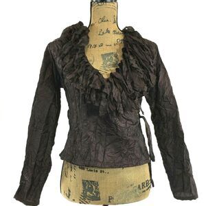NELLI Janice Jaraicie‎ Wrap Top SMALL Wool Bl Brown Fringe Blouse Unique Sexy